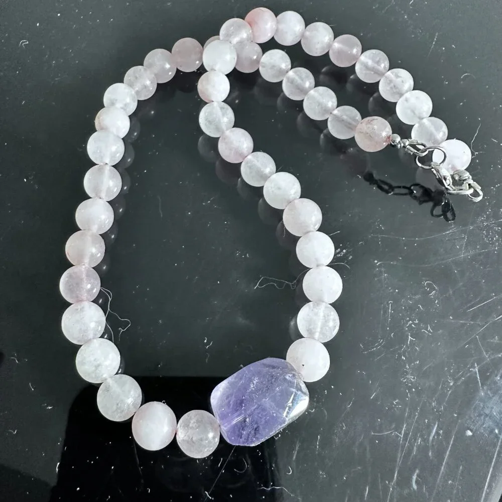 Genuine Amethyst Rose Quartz Necklace Choker Gift Natural Bohemian Hippie Purple - Picture 4 of 11